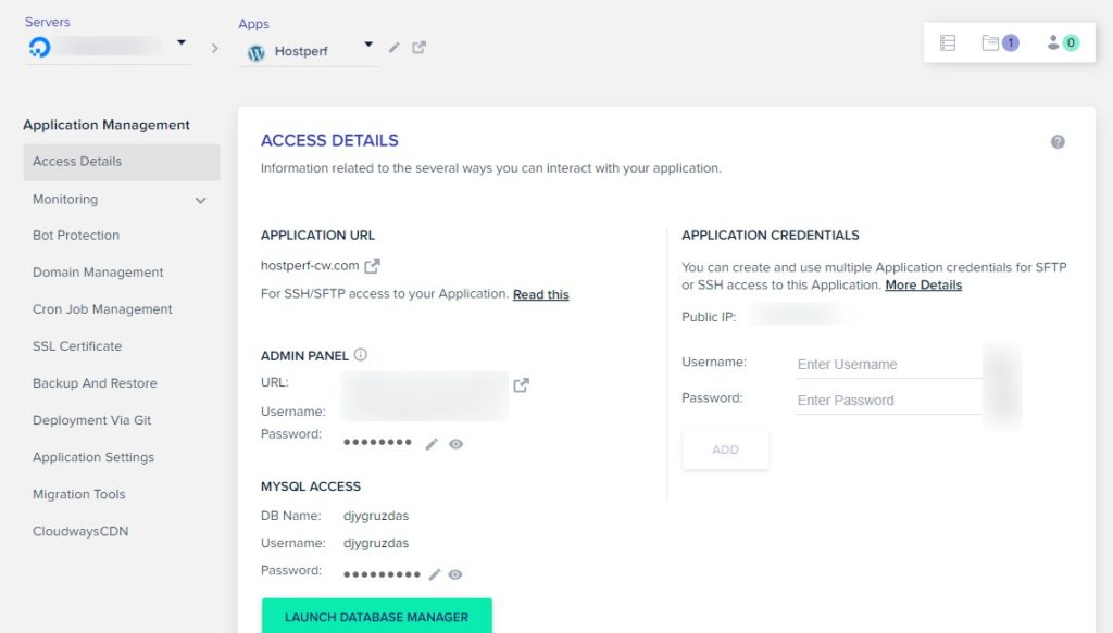  A screenshot of the Cloudways cloud hosting dashboard, which displays the access details for an application, including the application URL, username, and password.