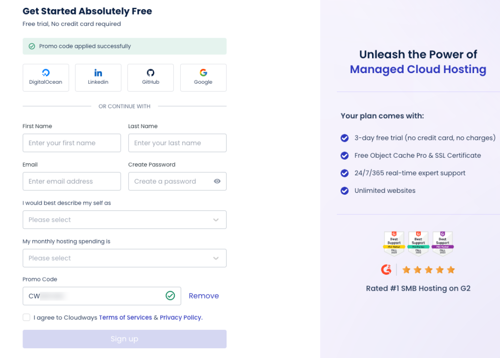 Cloudways signup page showing 'Get Started Absolutely Free' form with social login options, name fields, and promo code box displaying BIO25 code