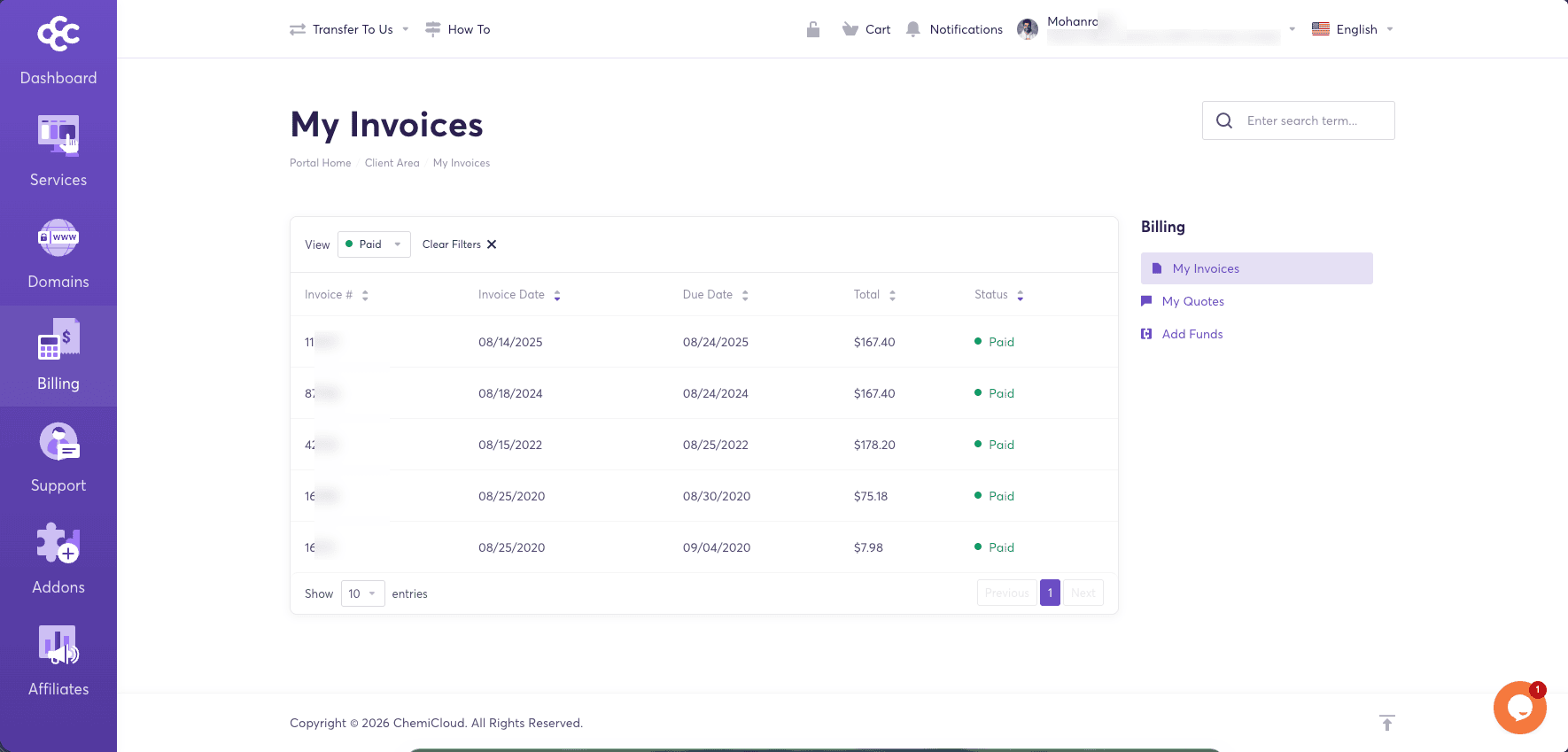 ChemiCloud billing history showing paid hosting invoices dating back to 2020