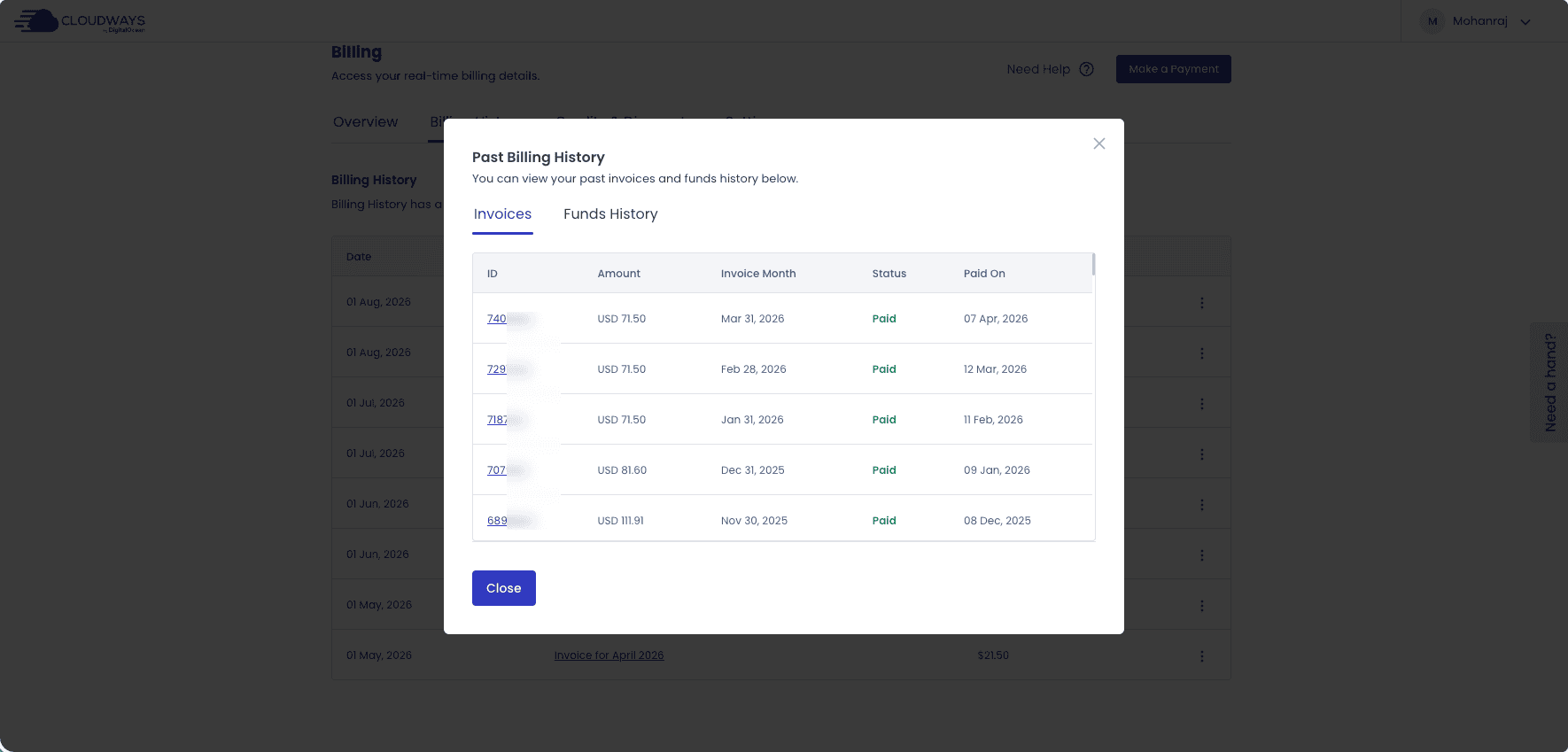 Cloudways billing history showing 2025 and 2026 invoices with per-server line items