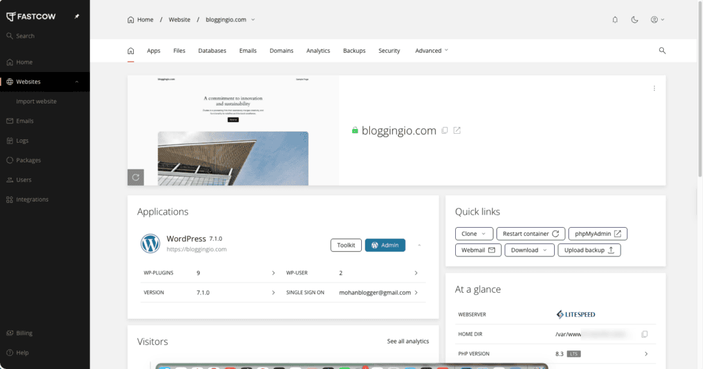 FastCow custom hosting control panel dashboard