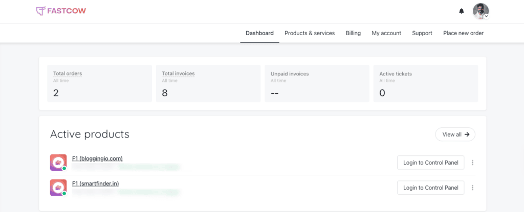 FastCow F1 plan invoices showing the account HostingStep purchased for testing in May 2026