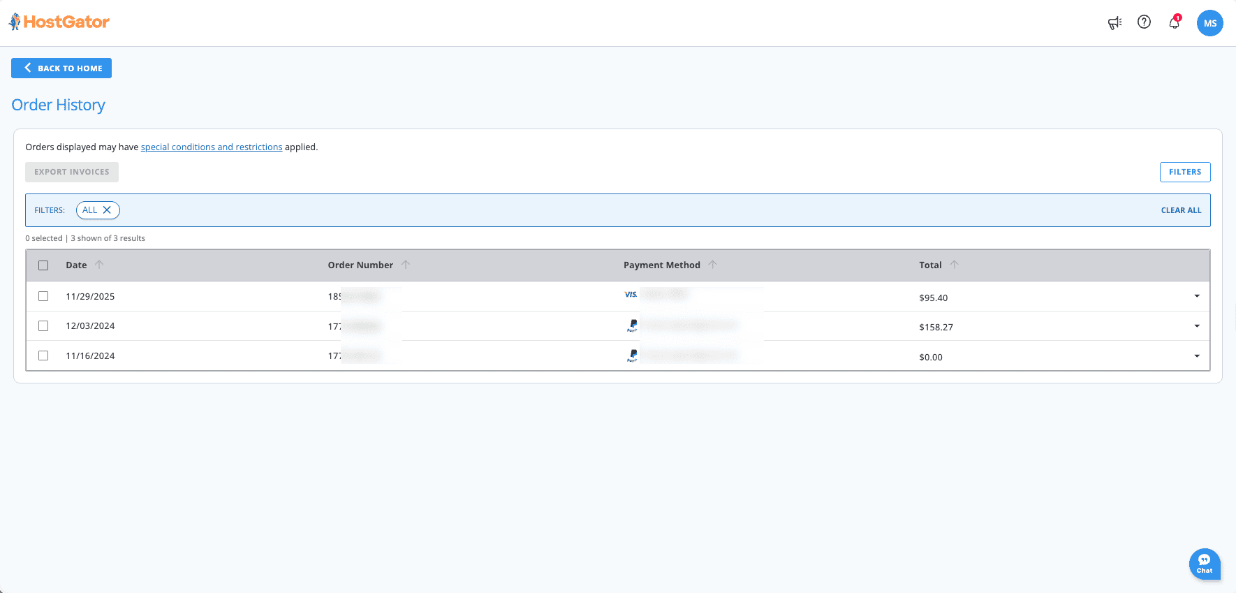 HostGator billing history showing paid hosting invoices from 2021 onward