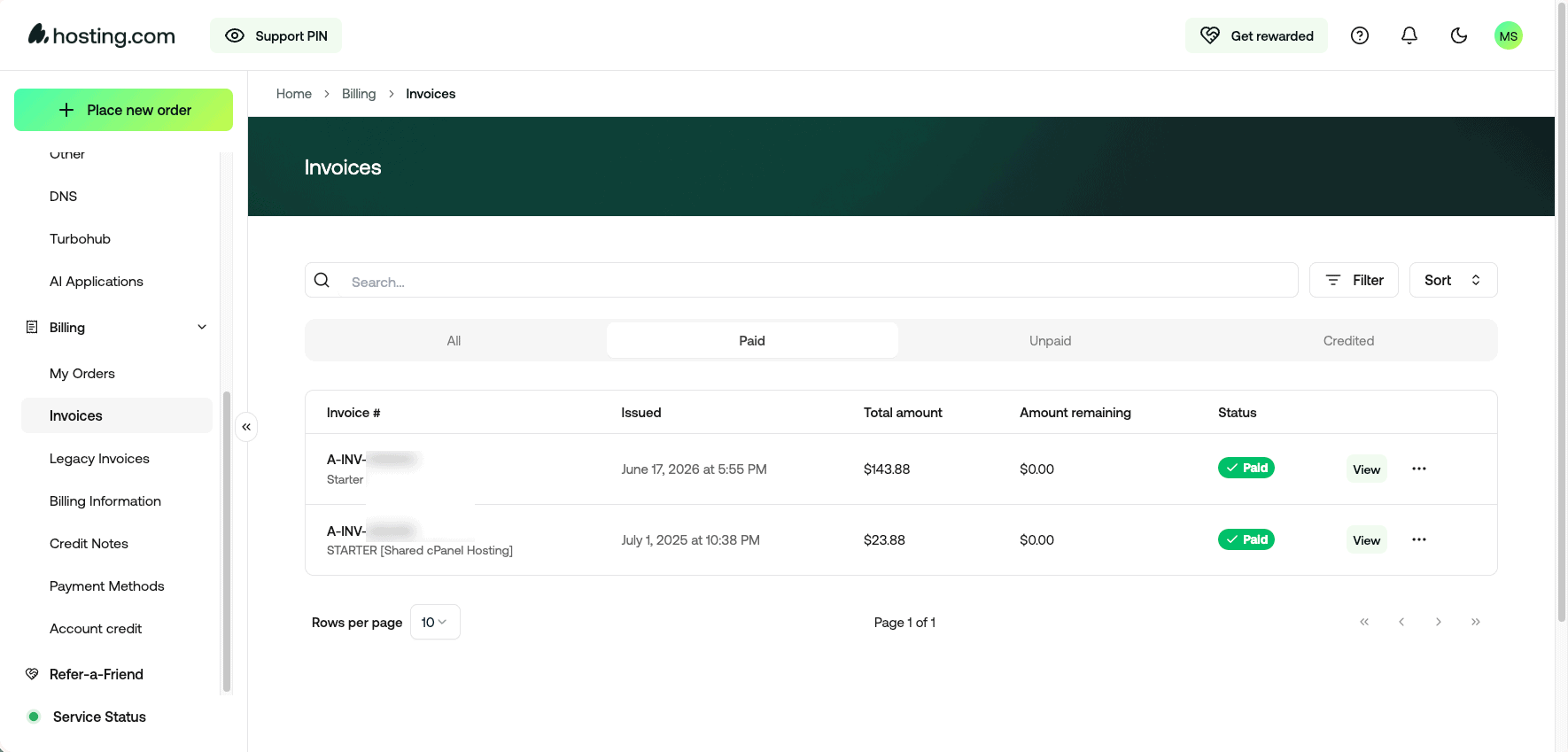 Hosting.com billing history showing 2025 and 2026 invoices after the A2 Hosting rebrand