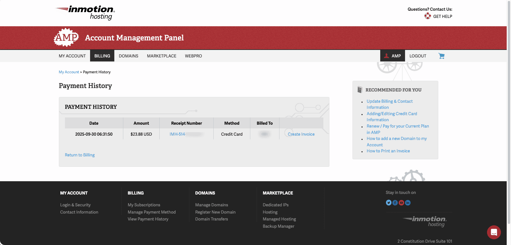 InMotion Hosting billing history showing paid hosting invoices from 2025 onward