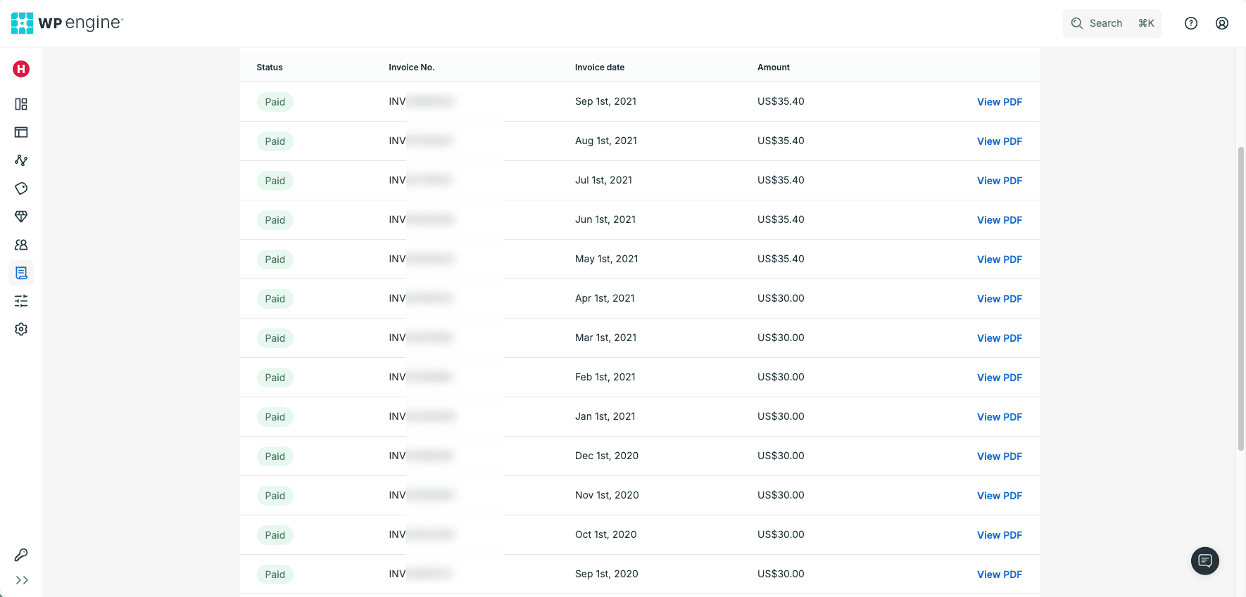 WP Engine billing history from 2020 to 2021 showing the earliest paid invoices