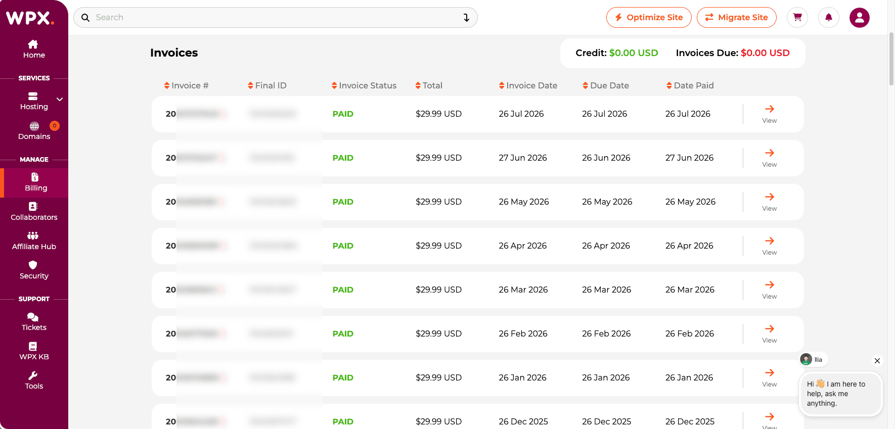 WPX Hosting billing history showing 2025 and 2026 paid invoices